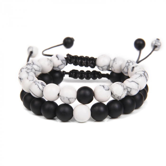Set de doua bratari din piatra naturala, onix mat, marime reglabila pe snur, unisex, Tessero, negru si alb [1]
