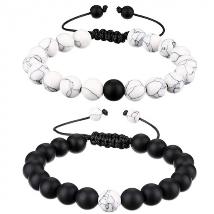 Set de doua bratari din piatra naturala, onix mat, marime reglabila pe snur, unisex, Tessero, negru si alb [3]