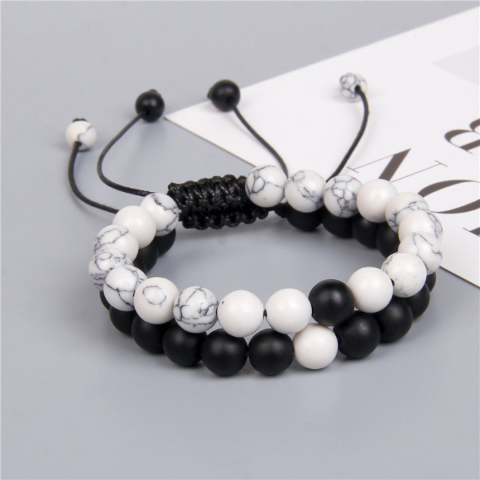 Set de doua bratari din piatra naturala, onix mat, marime reglabila pe snur, unisex, Tessero, negru si alb [2]