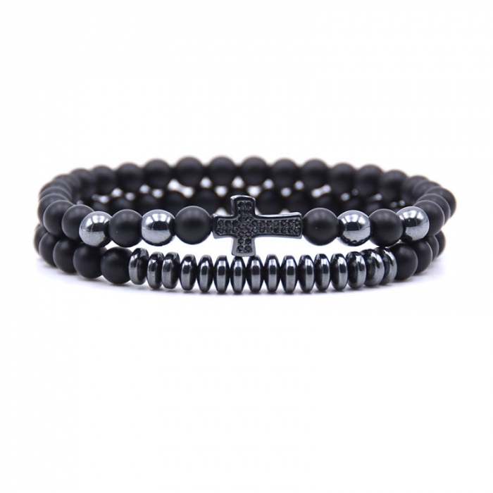 Set de doua bratari elastice din piatra naturala, onix mat, model cu cruce placata cu pietre din zirconiu negru si aur 18K, Tessero, negru [1]