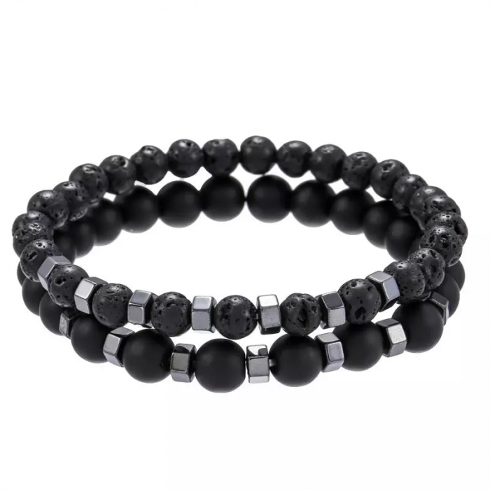 Set de doua bratari elastice din roca vulcanica si onix, Tessero, negru [1]