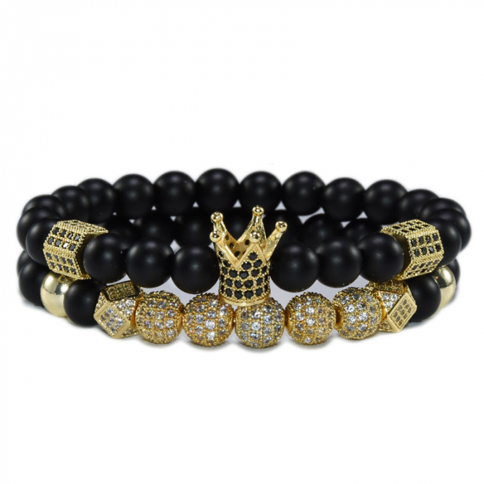 Set de doua bratari luxury cu coroana si bilute cu pietre din zirconiu, auriu [1]