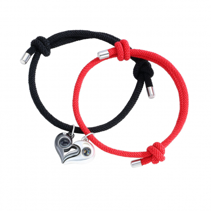 Set de doua bratari proiectie in 100 de limbi "Te iubesc" cu pandantiv in forma de inima cu magnet pentru cuplu, prieteni, reglabila, rosu si negru [3]