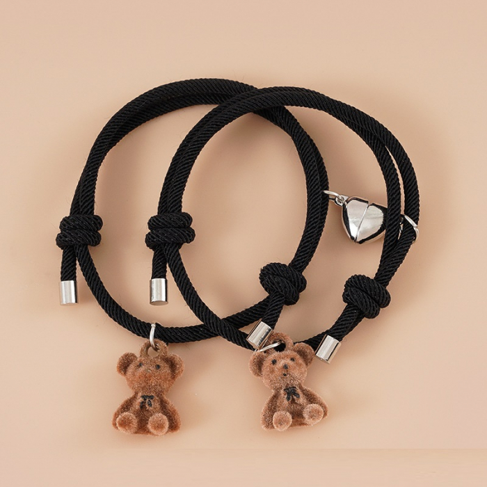 Set de doua bratari tip snur cu pandantiv magnet pentru cuplu, prieteni, charm ursuleti, marime reglabila, negru, Tessero [4]