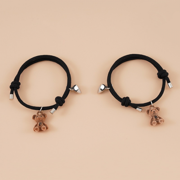 Set de doua bratari tip snur cu pandantiv magnet pentru cuplu, prieteni, charm ursuleti, marime reglabila, negru, Tessero [1]