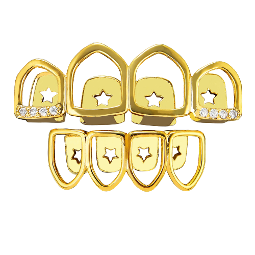 Set de doua fatete pentru dinti, superior si inferior, model Grillz Hip Hop cu stelute, pietre zirconiu, placate cu aur 18K, auriu, Tessero [1]