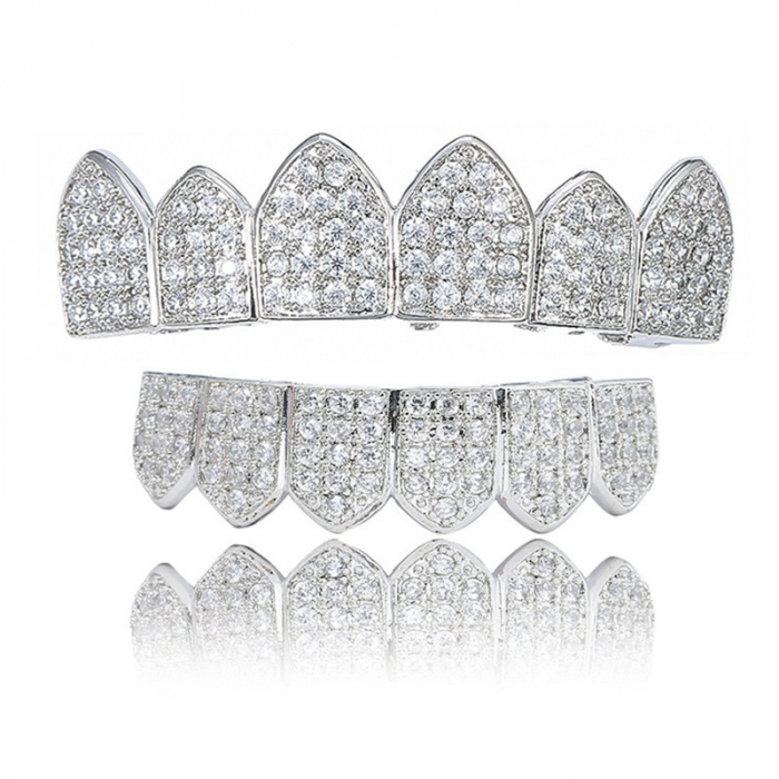 Set de doua fatete pentru dinti, superior si inferior, model Grillz Hip Hop, Iced Out, pietre zirconiu, placate cu aur 18K, argintiu, Tessero [2]
