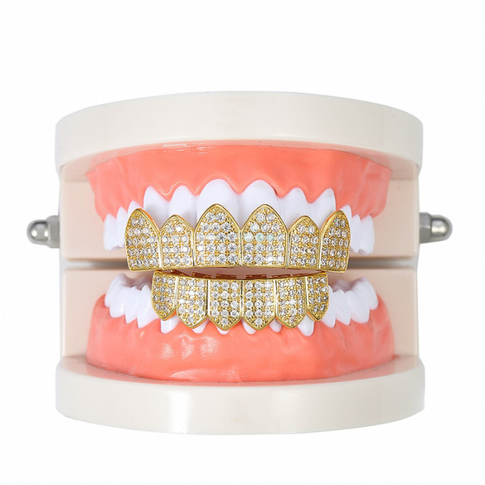 Set de doua fatete pentru dinti, superior si inferior, model Grillz Hip Hop, Iced Out, pietre zirconiu, placate cu aur 18K, auriu, Tessero [2]