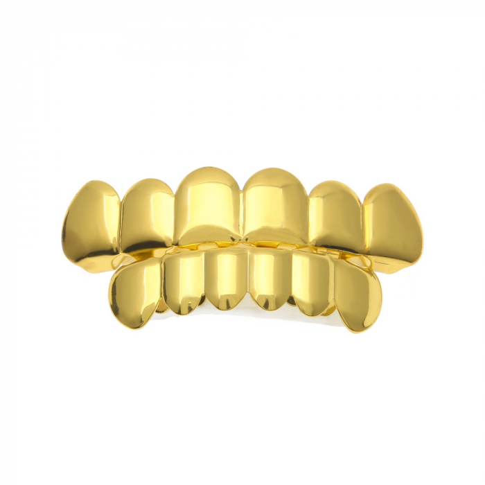Set de doua fatete pentru dinti, superior si inferior, model Grillz Hip Hop, placate cu aur 18K, auriu, Tessero [2]