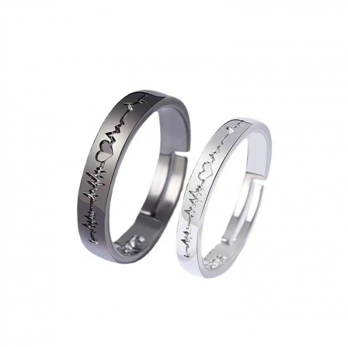 Set de doua inele pentru cupluri, indragostiti, model cu inimioara si puls, marime reglabila, unisex, Tessero, argintiu si negru [3]