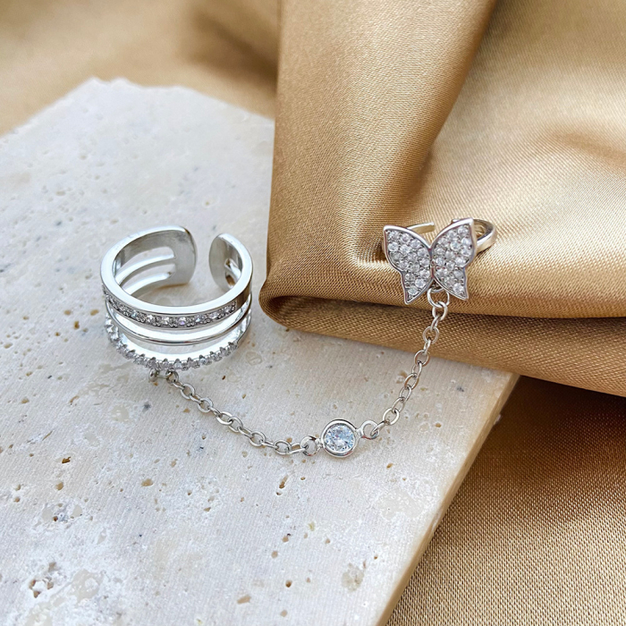 Set de doua inele reglabile conectate cu lantisor, model cu fluture, placat cu argint, pietre zirconiu, marime reglabila, Tessero, argintiu [3]