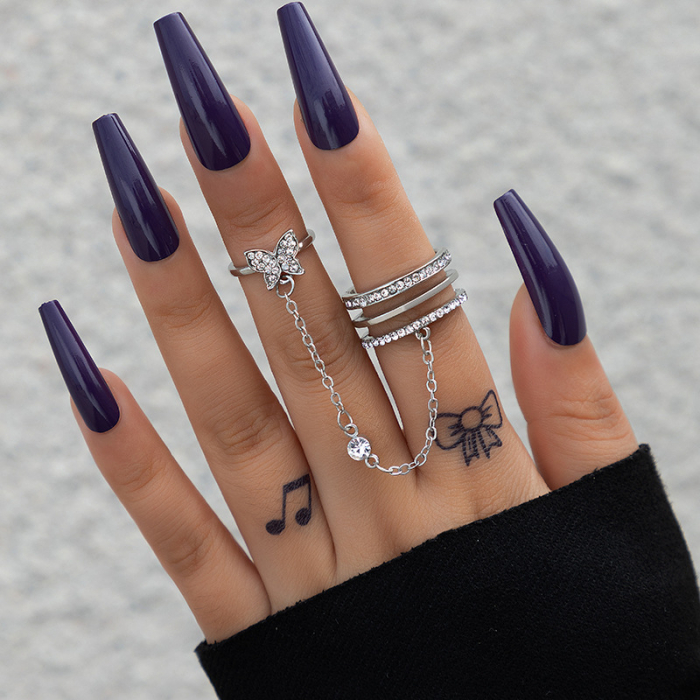 Set de doua inele reglabile conectate cu lantisor, model cu fluture, placat cu argint, pietre zirconiu, marime reglabila, Tessero, argintiu [1]