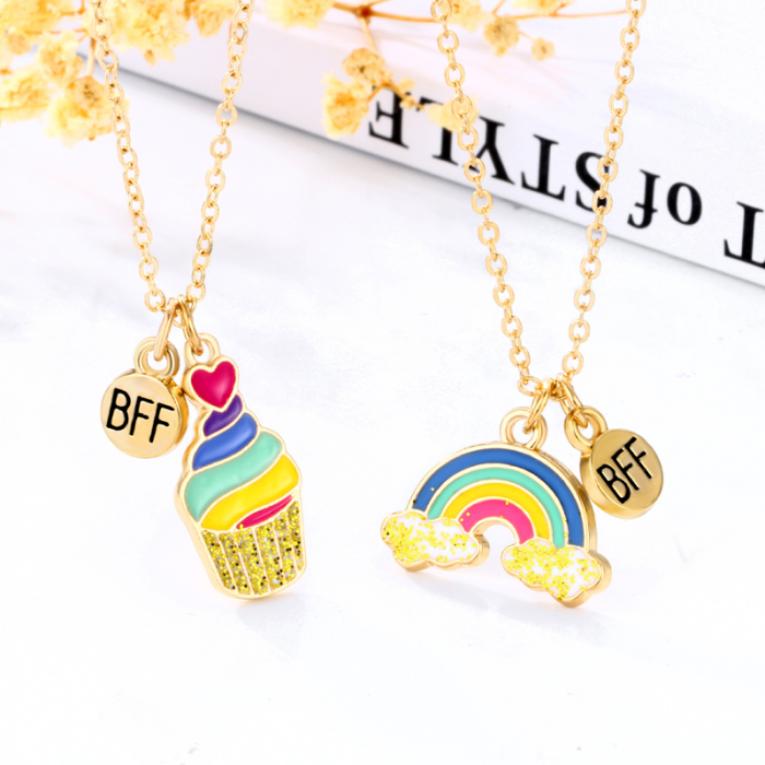 Set de doua lantisoare cu magnet pentru prieteni, BFF, model in forma de brioasa si curcubeu, charm-uri cu best friends forever, auriu [2]