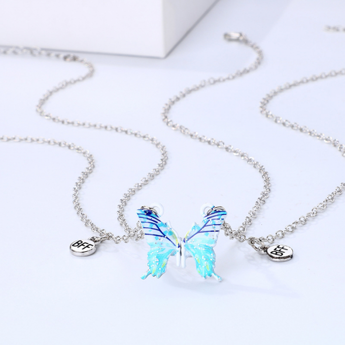 Set de doua lantisoare cu magnet pentru prieteni, BFF, model in forma de fluture albastru si charm cu best friends forever, argintiu [2]