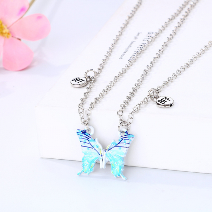 Set de doua lantisoare cu magnet pentru prieteni, BFF, model in forma de fluture albastru si charm cu best friends forever, argintiu [3]