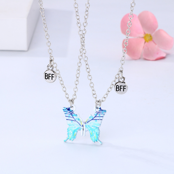 Set de doua lantisoare cu magnet pentru prieteni, BFF, model in forma de fluture albastru si charm cu best friends forever, argintiu [4]