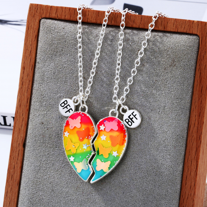 Set de doua lantisoare cu magnet pentru prieteni, BFF, model in forma de inima cu fluturi si charm cu best friends forever, unisex, argintiu [3]