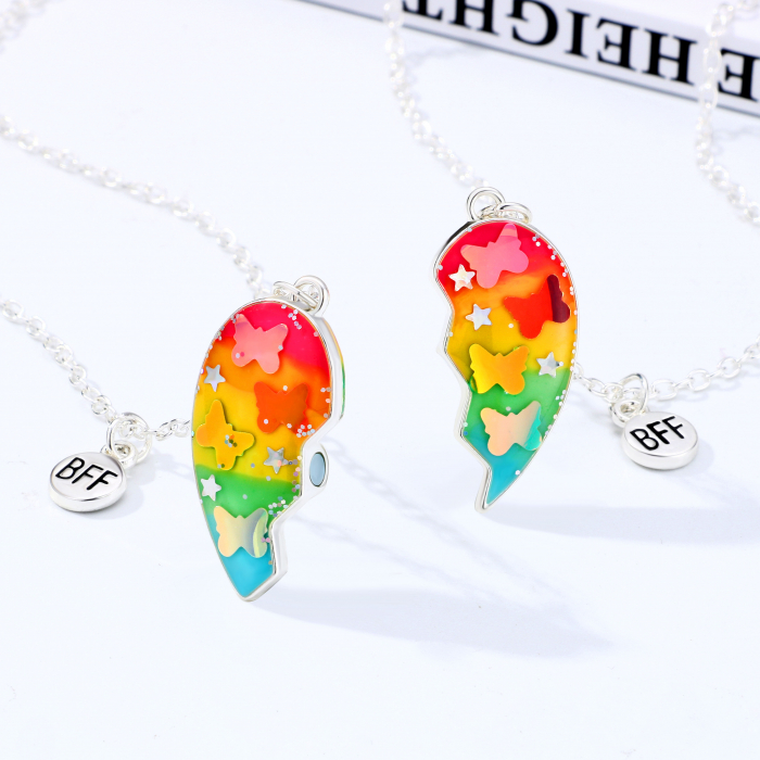 Set de doua lantisoare cu magnet pentru prieteni, BFF, model in forma de inima cu fluturi si charm cu best friends forever, unisex, argintiu [2]
