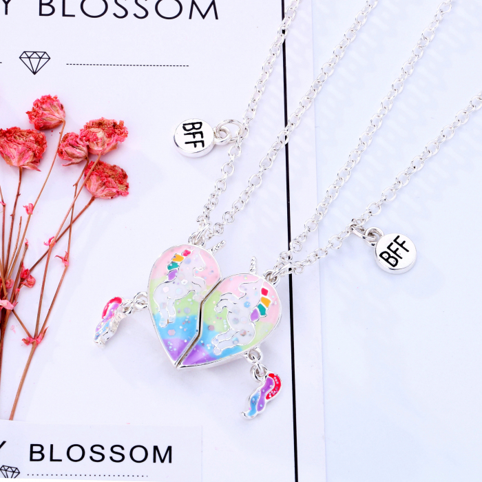 Set de doua lantisoare cu magnet pentru prieteni, BFF, model in forma de inima cu unicorni, charm-uri cu best friends forever, argintiu [3]