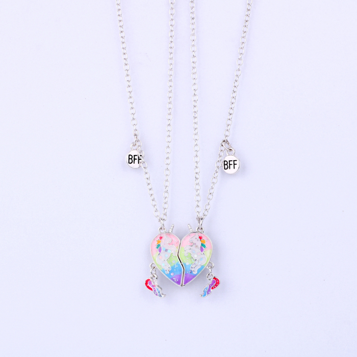 Set de doua lantisoare cu magnet pentru prieteni, BFF, model in forma de inima cu unicorni, charm-uri cu best friends forever, argintiu [4]