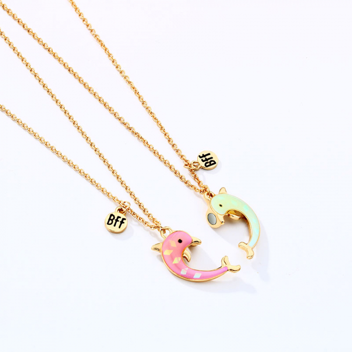 Set de doua lantisoare cu magnet pentru prieteni, BFF, model in forma delfini, charm-uri cu best friends forever, unisex, auriu [2]