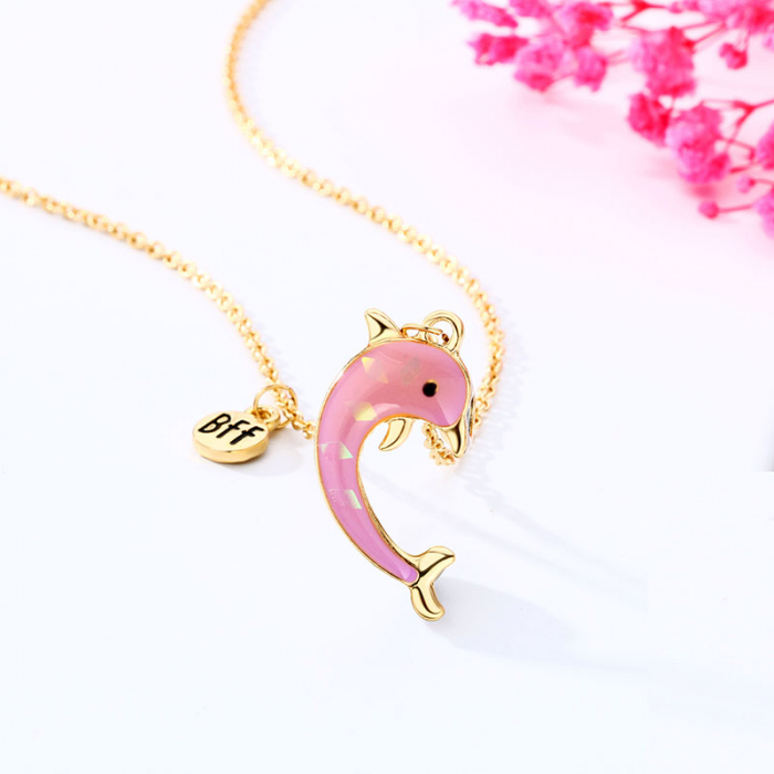 Set de doua lantisoare cu magnet pentru prieteni, BFF, model in forma delfini, charm-uri cu best friends forever, unisex, auriu [3]