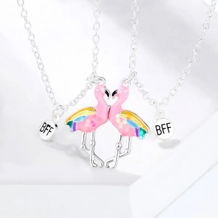 Set de doua lantisoare cu magnet pentru prieteni, BFF, pandantiv cu model in forma de flamingo, charm cu best friends forever, unisex, roz si argintiu [2]