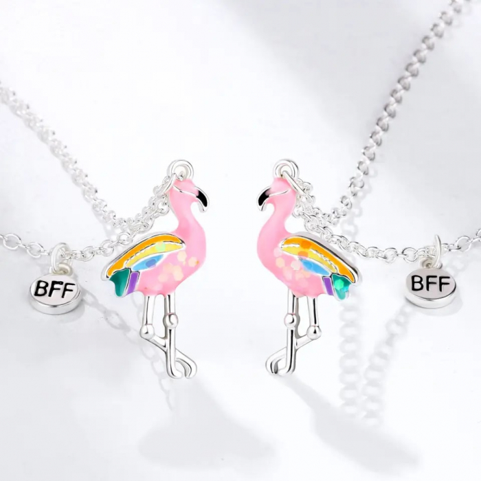 Set de doua lantisoare cu magnet pentru prieteni, BFF, pandantiv cu model in forma de flamingo, charm cu best friends forever, unisex, roz si argintiu [3]