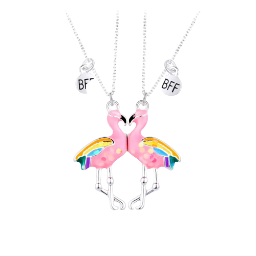 Set de doua lantisoare cu magnet pentru prieteni, BFF, pandantiv cu model in forma de flamingo, charm cu best friends forever, unisex, roz si argintiu [4]