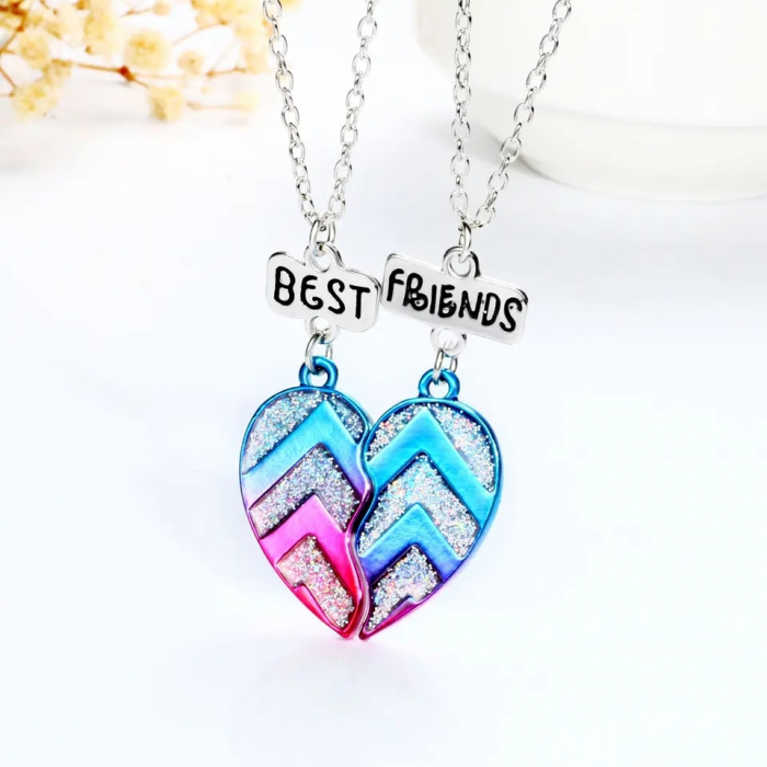 Set de doua lantisoare cu magnet pentru prieteni, BFF, pandantiv in forma de inima cu sclipici, charm cu best friends forever, unisex, argintiu [4]