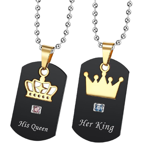 Set de doua lantisoare cu pandantiv army tag "His Queen si Her King" pentru cuplu, prieteni din otel inoxidabil [4]