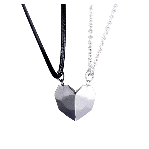 Set de doua lantisoare cu pandantiv in forma de inima cu magnet pentru cuplu, prieteni, argintiu si negru [3]