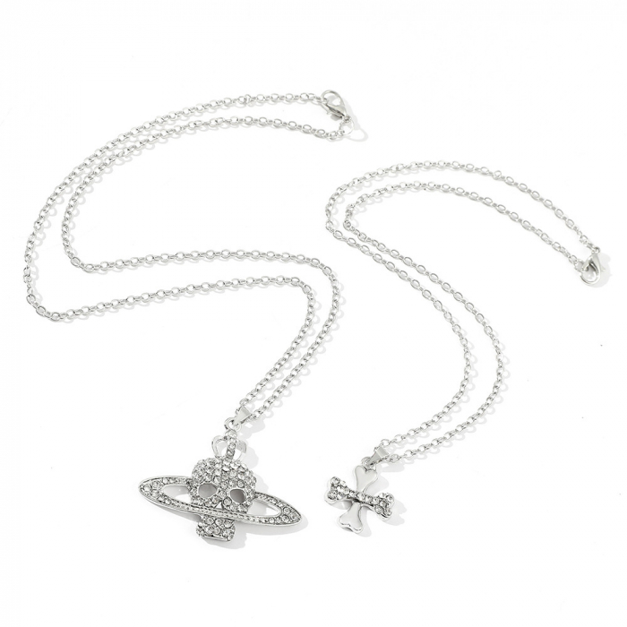 Set de doua lantisoare cu pandantiv model Saturn cu cap de mort, pietre zirconiu, placat cu argint, Tessero, argintiu [3]