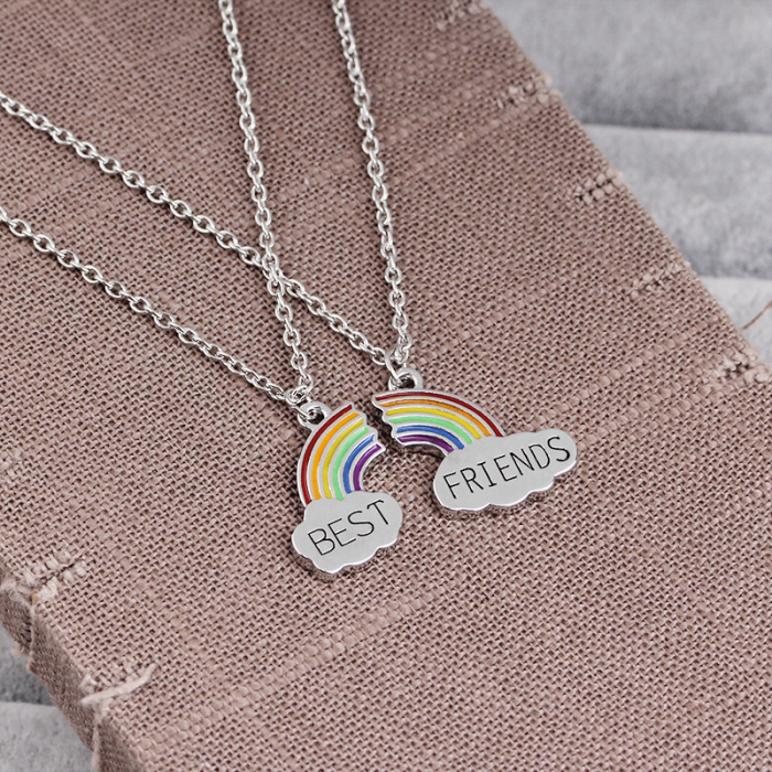 Set de doua lantisoare cu pandantiv pentru prieteni, BFF, model cu curcubeu si best friends, argintiu [3]