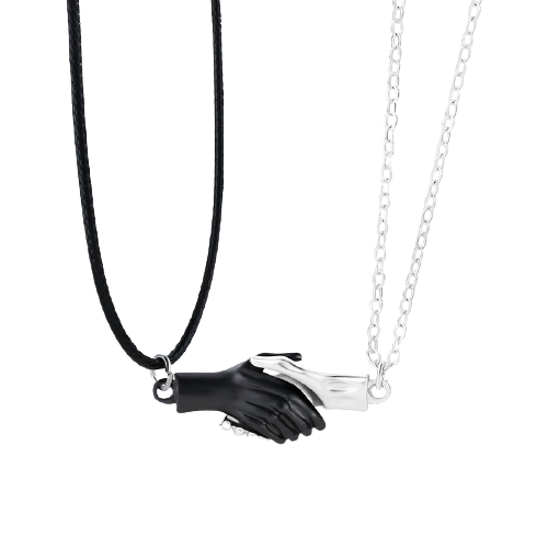 Set de doua lantisoare cu pandantiv "strangere de mana" cu magnet pentru cuplu, prieteni, negru si argintiu [1]