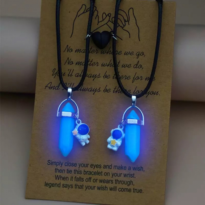 Set de doua lantisoare din piele magnetice pentru cupluri, prieteni cu pandantiv vindecator in forma de hexagon si astronaut, charm in forma de inima, cristal de ametist, fosforescent, unisex, negru [4]