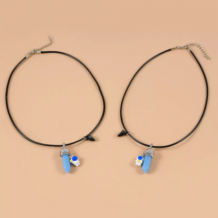 Set de doua lantisoare din piele magnetice pentru cupluri, prieteni cu pandantiv vindecator in forma de hexagon si astronaut, charm in forma de inima, cristal de ametist, fosforescent, unisex, negru [2]