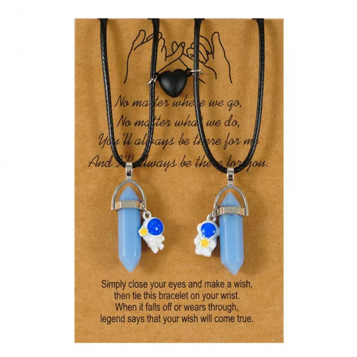 Set de doua lantisoare din piele magnetice pentru cupluri, prieteni cu pandantiv vindecator in forma de hexagon si astronaut, charm in forma de inima, cristal de ametist, fosforescent, unisex, negru [1]