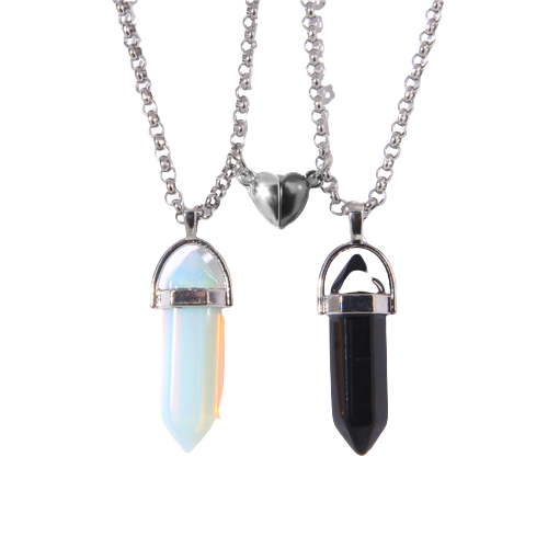 Set de doua lantisoare magnetice cu cartonas pentru cupluri, prieteni cu pandantiv vindecator in forma de hexagon din piatra semipretioasa, charm in forma de inima, cristal de ametist, unisex, negru s [2]
