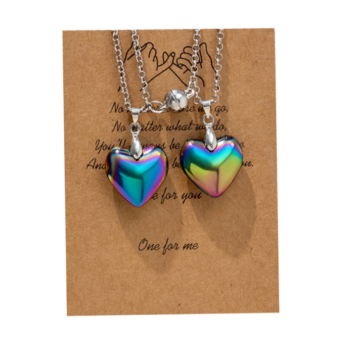 Set de doua lantisoare magnetice cu cartonas pentru cupluri, prieteni cu pandantiv vindecator in forma de inimioara din piatra semipretioasa, unisex, rainbow [1]
