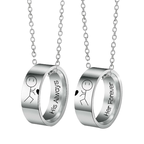 Set de doua lantisoare pentru cuplu pandantiv in forma de inele cu omuleti indragostiti, unisex, Tessero, argintiu [1]