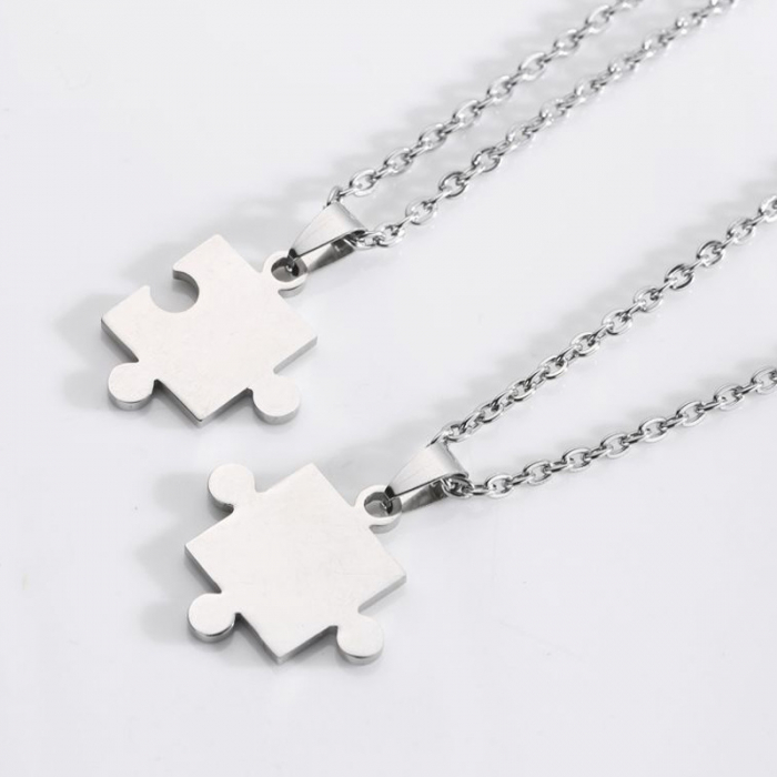 Set de doua lantisoare pentru cuplu, prieteni in forma de piese de puzzle, otel inoxidabil, argintiu [3]