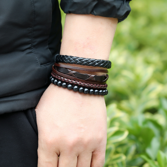 Set de patru bratari din piele naturala, lucrate manual, marime reglabila pe snur, negru, Tessero [2]