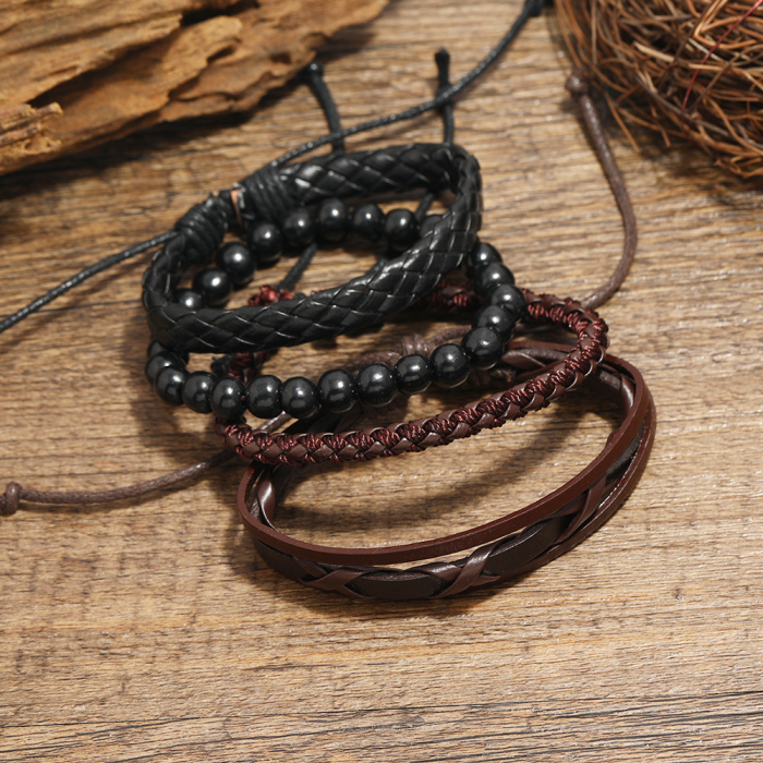 Set de patru bratari din piele naturala, lucrate manual, marime reglabila pe snur, negru, Tessero [3]