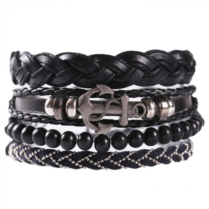 Set de patru bratari din piele naturala, model cu ancora, lucrata manual, marime reglabila, Tessero, negru [1]