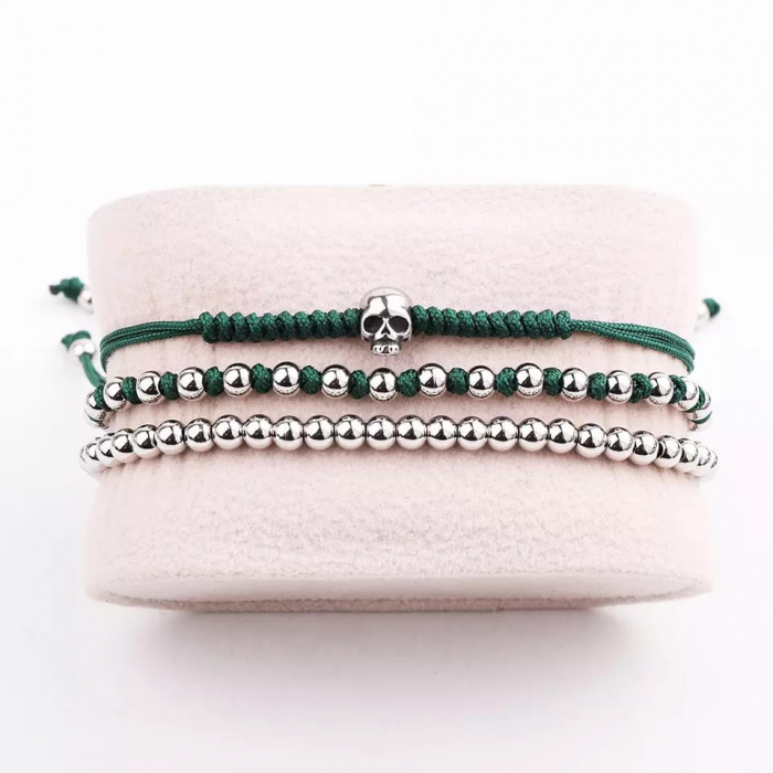 Set de trei bratari cu cap de mort si bilute din otel inoxidabil, tip macrame, marime reglabila pe snur, lucrata manual, verde si argintiu [2]