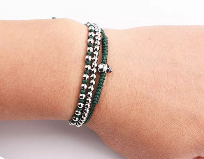 Set de trei bratari cu cap de mort si bilute din otel inoxidabil, tip macrame, marime reglabila pe snur, lucrata manual, verde si argintiu [4]