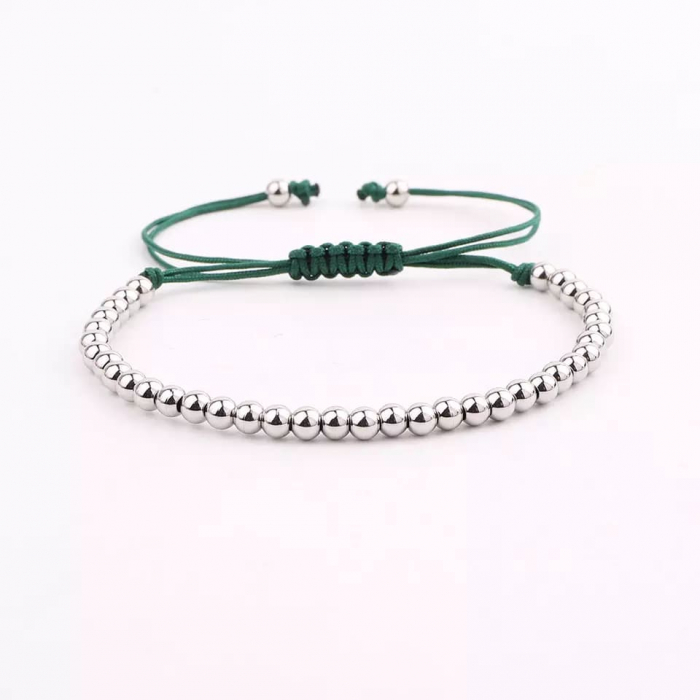 Set de trei bratari cu cap de mort si bilute din otel inoxidabil, tip macrame, marime reglabila pe snur, lucrata manual, verde si argintiu [3]