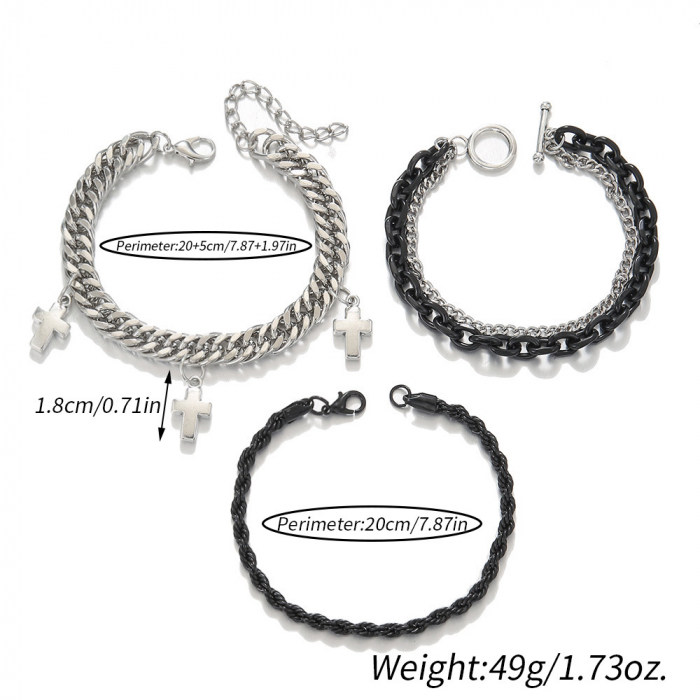 Set de trei bratari din otel inoxidabil, model cu cruce, cuban chain, rope, Tessero, argintiu si negru [3]