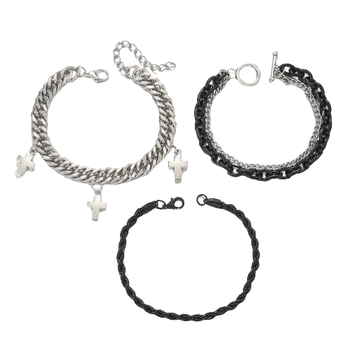 Set de trei bratari din otel inoxidabil, model cu cruce, cuban chain, rope, Tessero, argintiu si negru [1]